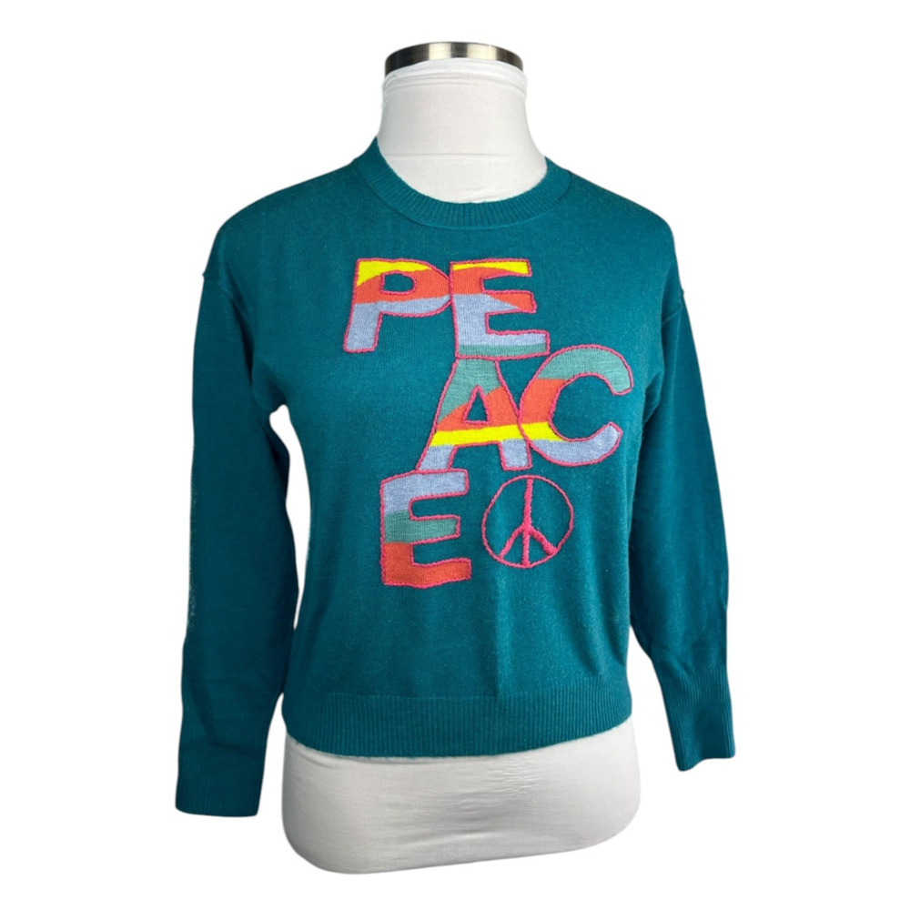 Sundance Colors Of Peace Sweater Teal Rare Rainbow Graphic Soft Wool Blend PXS - Picture 2 of 16